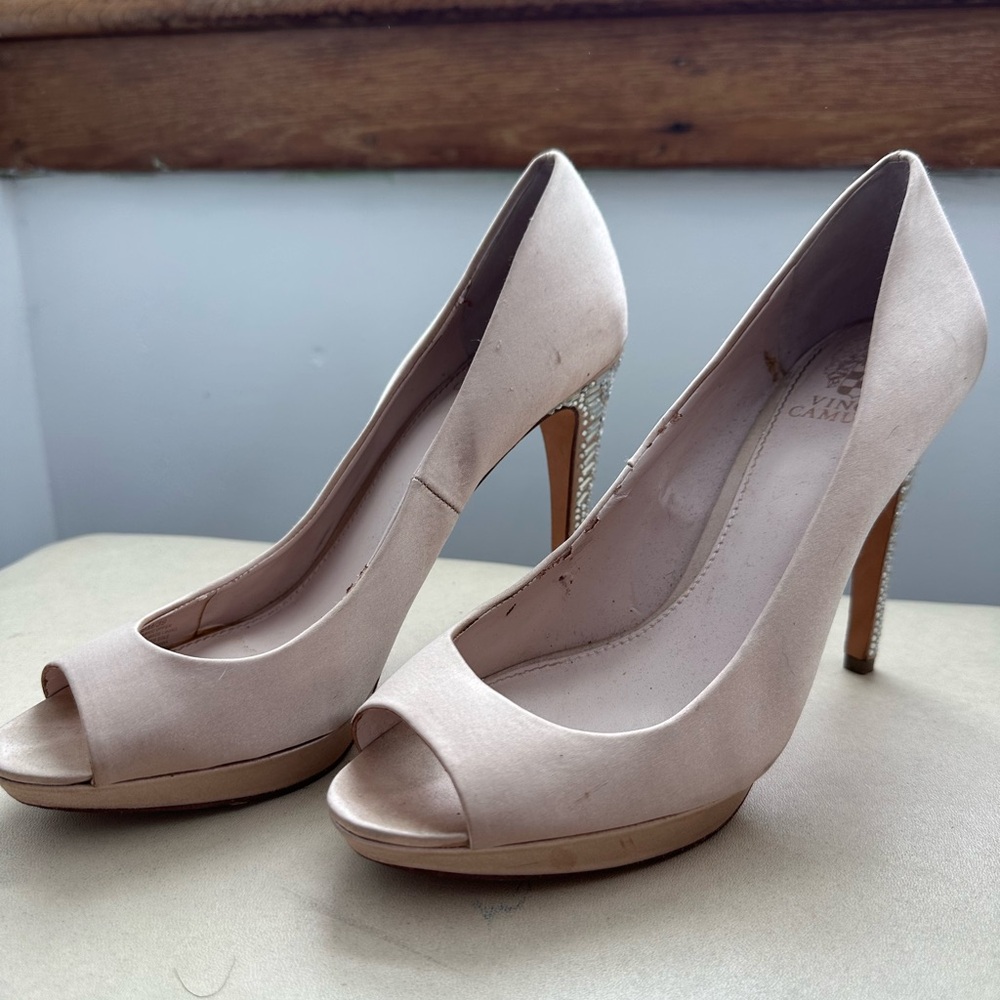 Vince Camuto Yivonne Peep Toe Blush Pink Satin Pumps with Rhinestone Heel